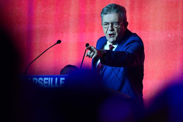 Leader of French left-wing La France Insoumise (LFI) party Jean-Luc Melenchon delivers a speech during an electoral campaign meeting of the local LFI candidate for French municipal elections in Marseille, southern France, on March 7, 2026. French voters head to the polls for municipal elections on March 15 and 22, 2026. (Photo by Miguel MEDINA / AFP)