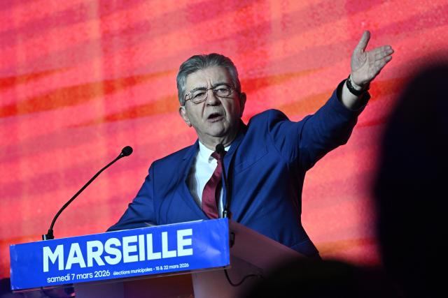 Leader of French left-wing La France Insoumise (LFI) party Jean-Luc Melenchon delivers a speech during an electoral campaign meeting of the local LFI candidate for French municipal elections in Marseille, southern France, on March 7, 2026. French voters head to the polls for municipal elections on March 15 and 22, 2026. (Photo by Miguel MEDINA / AFP)