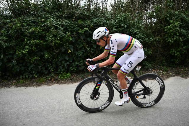 UAE Team Emirates's Slovenian Tadej Pogacar rides during the 20th one-day classic 'Strade Bianche' (White Roads) men's cycling race between Siena and Siena in Tuscany on March 7, 2026. (Photo by Marco BERTORELLO / AFP)
