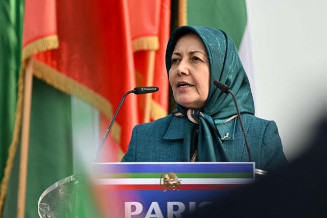 Chair of the National Council of Resistance of Iran's Women's Committee of the People's Mojahedin Organization of Iran political group, Sarvenaz Chitsaz delivers a speech during a rally "Neither Shah, nor Mullah" to protest against Islamic Republic of Iran government in Paris on March 7, 2026, amid the ongoing war in the Middle East. (Photo by LOU BENOIST / AFP)