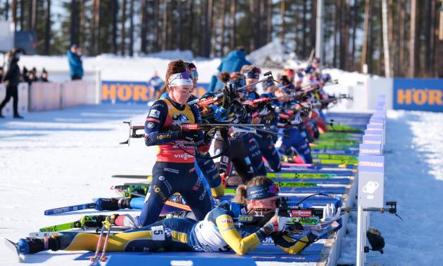 Athletes including Sweden's Elvira Oeberg (front) and France's Lou Jeanmonnot (behind her) compete in the IBU World Cup 2026 Kontiolahti Biathlon World Cup Women's Mass Start event on March 7, 2026 in Kontiolahti, Finland. (Photo by Minna Raitavuo / Lehtikuva / AFP) / Finland OUT