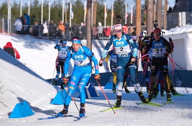 (L-R) Italy's Lisa Vittozzi, Finland's Suvi Minkkinen and Germany's Janina Hettich compete in the IBU World Cup 2026 Kontiolahti Biathlon World Cup Women's Mass Start event on March 7, 2026 in Kontiolahti, Finland. (Photo by Minna Raitavuo / Lehtikuva / AFP) / Finland OUT