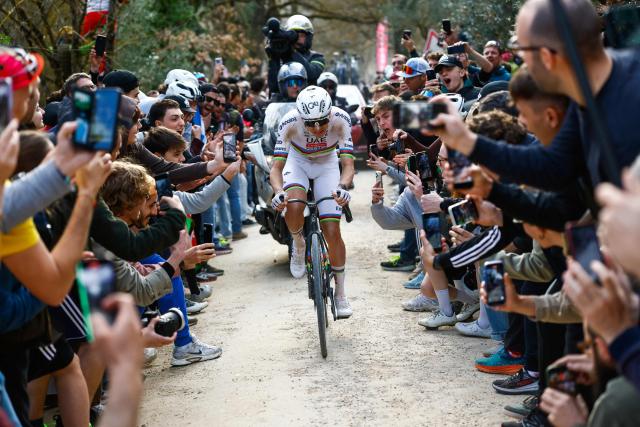 UAE Team Emirates's Slovenian Tadej Pogacar rides during the 20th one-day classic 'Strade Bianche' (White Roads) men's cycling race between Siena and Siena in Tuscany on March 7, 2026. (Photo by Luca Bettini / POOL / AFP)