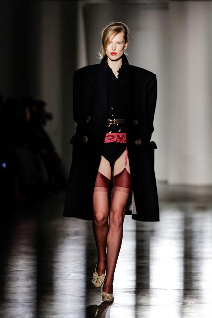 A model presents a creation for Vivienne Westwood for the Women's Ready to Wear Fall/Winter 2026-2027 collection fashion show as part of the Paris Women Fashion Week, in Paris, on March 7, 2026. (Photo by STEPHANE DE SAKUTIN / AFP)