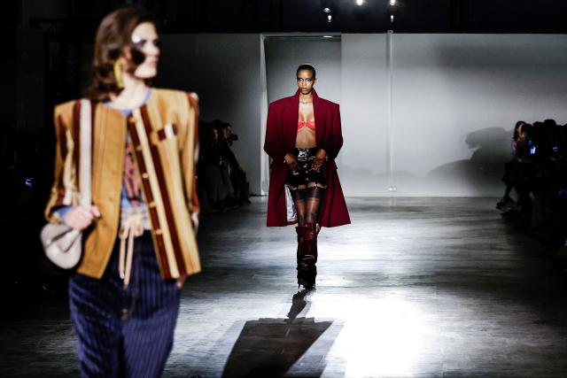 EDITORS NOTE: Graphic content / A model presents a creation for Vivienne Westwood for the Women's Ready to Wear Fall/Winter 2026-2027 collection fashion show as part of the Paris Women Fashion Week, in Paris, on March 7, 2026. (Photo by STEPHANE DE SAKUTIN / AFP)