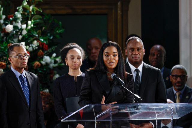Ashley Jackson speaks during a private memorial service for civil rights activist Reverend Jesse Jackson at the Rainbow PUSH Coalition headquarters on March 7, 2026 in Chicago, Illinois. Veteran US civil rights activist Reverend Jesse Jackson, one of the nation's most influential Black voices, died peacefully on February 17, 2026 at the age of 84. Jackson, a Baptist minister, had been a civil rights leader since the 1960s, when he marched with Martin Luther King Jr. and helped fundraise for the cause (Photo by KAMIL KRZACZYNSKI / AFP)