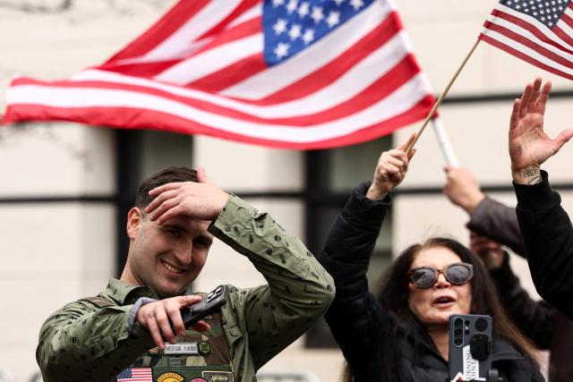 Far-right influencer Jake Lang arrives at a protest he organized against alleged "Islamification" and to ask for a "stop of public Muslim prayer" in New York, in front of Gracie Mansion, New York mayor Zohran Mamdani's official residence, in New York on March 7, 2026. Lang and his supporters clashed with counter-proteters, one of whom threw a homemade explosive device towards police that did not detonate, and who was detained by police. (Photo by CHARLY TRIBALLEAU / AFP)