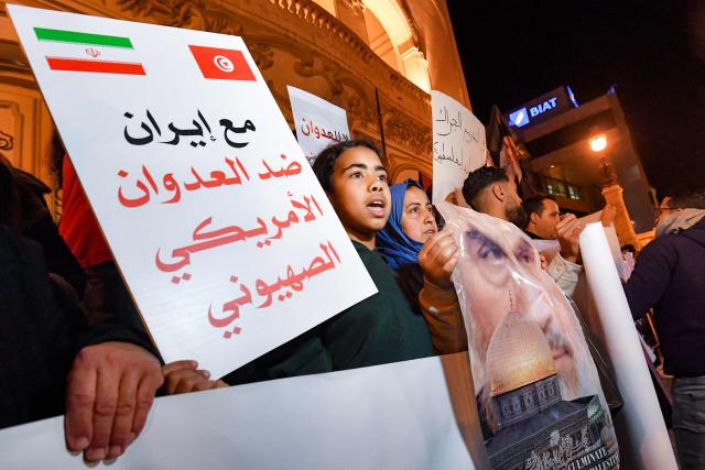 Anti-war protesters gather for a demonstration in solidarity with Iran along Habib Bourguiba avenue in central Tunis on March 7, 2026. The United States and Israel launched strikes against Iran on February 28, sparking swift retaliation by the Islamic republic which responded with missile attacks across the region. The war has dragged in global powers, upended the world's energy and transport sectors, and brought chaos to even usually peaceful areas of the volatile region. (Photo by FETHI BELAID / AFP)