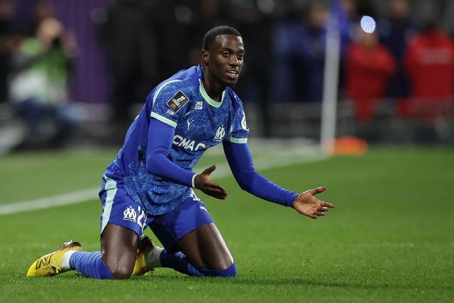 Marseille's US forward #22 Timothy Weah reacts during the French L1 football match between Toulouse FC and Olympique de Marseille (OM) at the TFC Stadium in Toulouse, southwestern France, on March 7, 2026. (Photo by Valentine CHAPUIS / AFP)