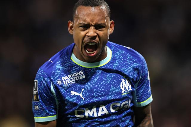 Marseille's Brazilian forward #14 Igor Paixao reacts after his team first goal during the French L1 football match between Toulouse FC and Olympique de Marseille (OM) at the TFC Stadium in Toulouse, southwestern France, on March 7, 2026. (Photo by Valentine CHAPUIS / AFP)