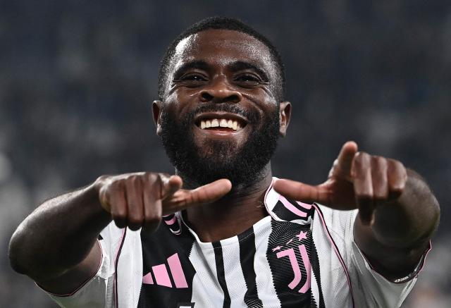 Juventus' Ivorian forward #13 Jérémie Boga celebrates after scoring Juventus' fourth goal during the Italian Serie A football match between Juventus and Pisa at the Allianz Stadium in Turin, northern Italy, on March 7, 2026. (Photo by Isabella BONOTTO / AFP)