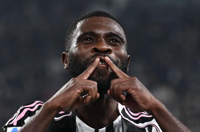 Juventus' Ivorian forward #13 Jérémie Boga celebrates after scoring Juventus' fourth goal during the Italian Serie A football match between Juventus and Pisa at the Allianz Stadium in Turin, northern Italy, on March 7, 2026. (Photo by Isabella BONOTTO / AFP)