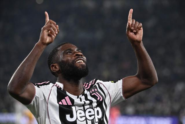 Juventus' Ivorian forward #13 Jérémie Boga celebrates after scoring Juventus' fourth goal during the Italian Serie A football match between Juventus and Pisa at the Allianz Stadium in Turin, northern Italy, on March 7, 2026. (Photo by Isabella BONOTTO / AFP)