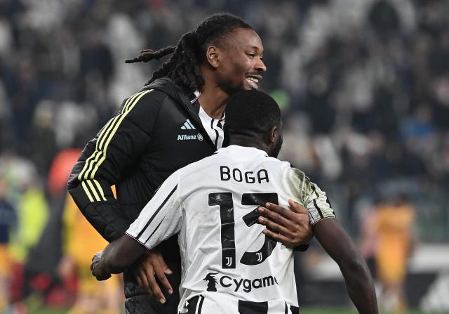 Juventus' Ivorian forward #13 Jérémie Boga (R) celebrates with Juventus' French midfielder #19 Khephren Thuram-Ulien (L) after scoring Juventus' fourth goal during the Italian Serie A football match between Juventus and Pisa at the Allianz Stadium in Turin, northern Italy, on March 7, 2026. (Photo by Isabella BONOTTO / AFP)