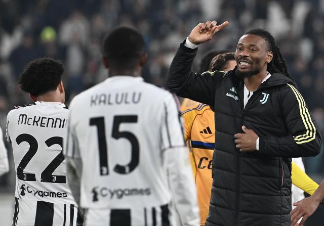 Juventus' French midfielder #19 Khephren Thuram-Ulien (R) celebrates his team's victory at the end of the Italian Serie A football match between Juventus and Pisa at the Allianz Stadium in Turin, northern Italy, on March 7, 2026. (Photo by Isabella BONOTTO / AFP)