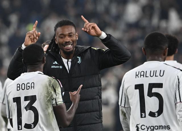 Juventus' French midfielder #19 Khephren Thuram-Ulien (C) celebrates his team's victory at the end of the Italian Serie A football match between Juventus and Pisa at the Allianz Stadium in Turin, northern Italy, on March 7, 2026. (Photo by Isabella BONOTTO / AFP)