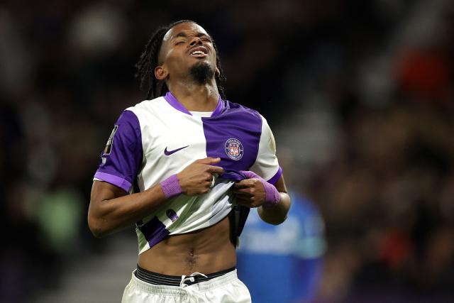 Toulouse's French forward #10 Yann Gboho reacts during the French L1 football match between Toulouse FC and Olympique de Marseille (OM) at the TFC Stadium in Toulouse, southwestern France, on March 7, 2026. (Photo by Valentine CHAPUIS / AFP)