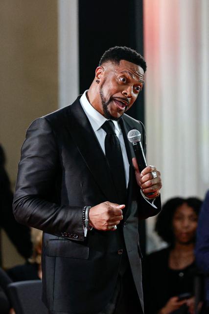 US actor and comedian Chris Tucker speaks during a private memorial service for civil rights activist Reverend Jesse Jackson at the Rainbow PUSH Coalition headquarters on March 7, 2026 in Chicago, Illinois. Veteran US civil rights activist Reverend Jesse Jackson, one of the nation's most influential Black voices, died peacefully on February 17, 2026 at the age of 84. Jackson, a Baptist minister, had been a civil rights leader since the 1960s, when he marched with Martin Luther King Jr. and helped fundraise for the cause. (Photo by KAMIL KRZACZYNSKI / AFP)