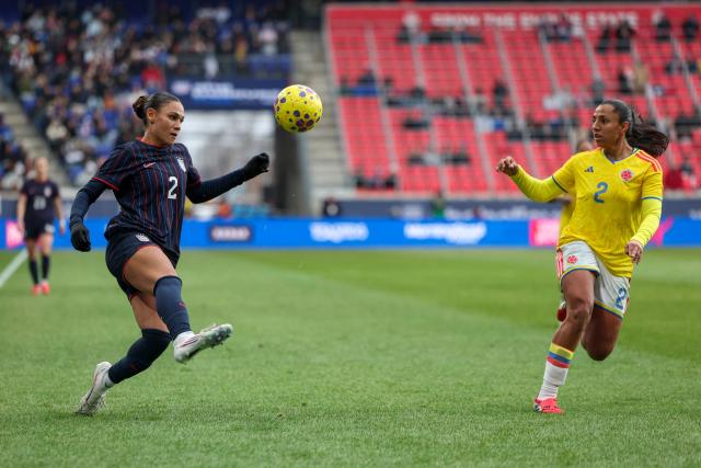 Manuela Vanegas #2 of Colombia defends Trinity Rodman #2 of the United States during the SheBelieves Cup match between the United States and Colombia at the Sports Illustrated Stadium in Harrison, New Jersey, on March 7, 2026. (Photo by ANGELA WEISS / AFP)