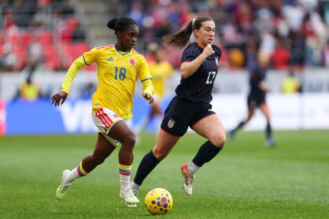 Linda Caicedo #18 of Colombia vies with Sam Coffey #17 of the United States during the SheBelieves Cup match between the United States and Colombia at the Sports Illustrated Stadium in Harrison, New Jersey, on vies with 7, 2026. (Photo by ANGELA WEISS / AFP)