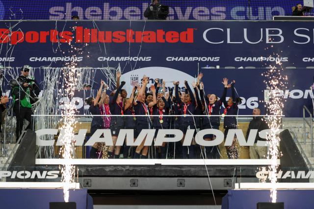 The USWNT hold up the SheBelieves Cup while celebrating after their 1-0 victory against Colombia at Sports Illustrated Stadium on March 7, 2026 in Harrison, New Jersey. (Photo by ANGELA WEISS / AFP)