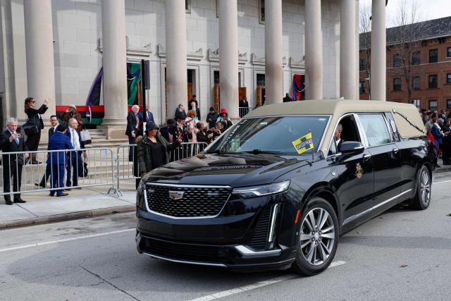 The hearse with the casket of the civil rights activist Reverend Jesse Jackson leaves the Rainbow PUSH Coalition headquarters after a private memorial service on March 7, 2026 in Chicago, Illinois. Veteran US civil rights activist Reverend Jesse Jackson, one of the nation's most influential Black voices, died peacefully on February 17, 2026 at the age of 84. Jackson, a Baptist minister, had been a civil rights leader since the 1960s, when he marched with Martin Luther King Jr. and helped fundraise for the cause. (Photo by KAMIL KRZACZYNSKI / AFP)