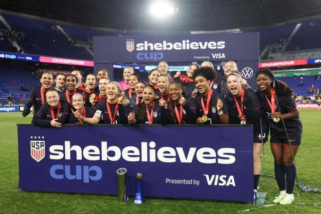 The USWNT poses after celebrating after their 1-0 victory against Colombia in their SheBelieves Cup match at Sports Illustrated Stadium on March 7, 2026 in Harrison, New Jersey. (Photo by ANGELA WEISS / AFP)