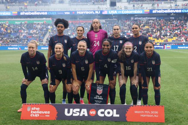 The USWNT poses for a picture before their match against Colombia in the SheBelieves Cup at Sports Illustrated Stadium on March 7, 2026 in Harrison, New Jersey. (Photo by ANGELA WEISS / AFP)