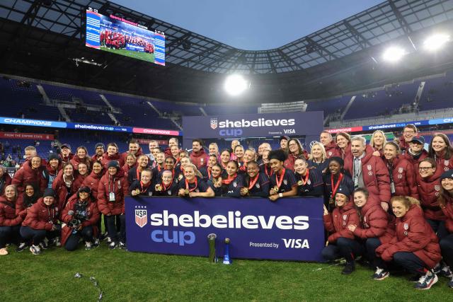 The USWNT poses after celebrating after their 1-0 victory against Colombia in their SheBelieves Cup match at Sports Illustrated Stadium on March 7, 2026 in Harrison, New Jersey. (Photo by ANGELA WEISS / AFP)