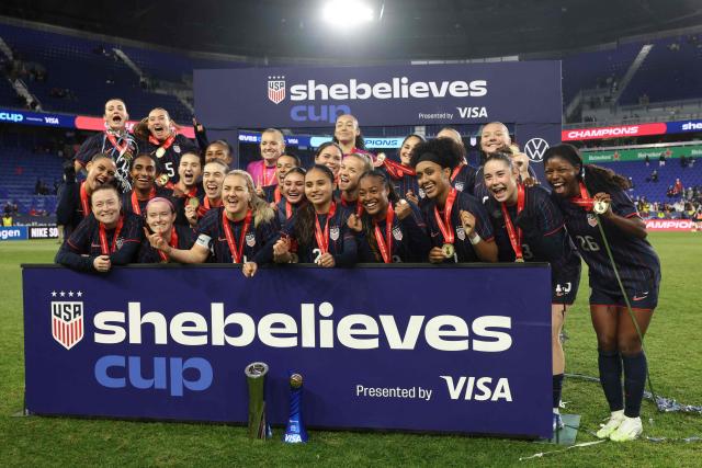 The USWNT poses after celebrating after their 1-0 victory against Colombia in their SheBelieves Cup match at Sports Illustrated Stadium on March 7, 2026 in Harrison, New Jersey. (Photo by ANGELA WEISS / AFP)