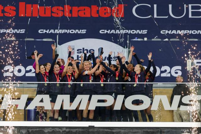 The USWNT hold up the SheBelieves Cup while celebrating after their 1-0 victory against Colombia at Sports Illustrated Stadium on March 7, 2026 in Harrison, New Jersey. (Photo by ANGELA WEISS / AFP)