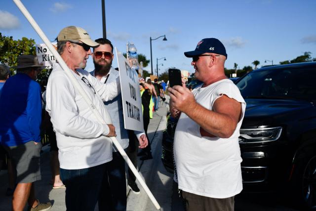 Anti-Trump protesters march towards Mar-a-Lago while clashing with supporters of Donald Trump during a demonstration in Palm Beach, Florida, on March 7, 2026. (Photo by Octavio JONES / AFP)