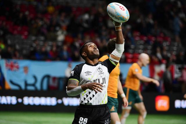 Fuji’s Terio Veilawa gestures after scoring a try against Australia during the HSBC Canada Rugby Sevens tournament in Vancouver, Canada, on March 7, 2026. (Photo by Don MacKinnon / AFP)