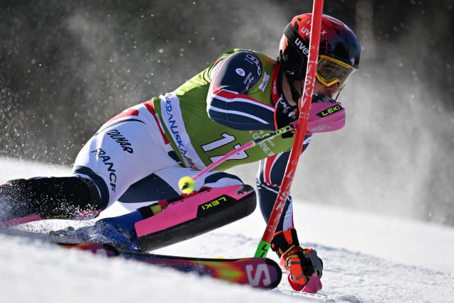 France's Victor Muffat-Jeandet competes in the first run of the Men's Slalom event, part of FIS Alpine Ski World Cup 2025-2026 in Kranjska Gora, Slovenia on March 8, 2026. (Photo by JURE MAKOVEC / AFP)