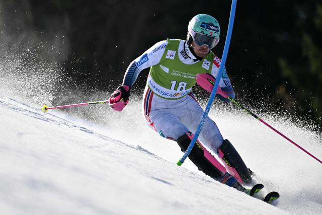 Norway's Eirik Hystad Solberg competes in the first run of the Men's Slalom event, part of FIS Alpine Ski World Cup 2025-2026 in Kranjska Gora, Slovenia on March 8, 2026. (Photo by JURE MAKOVEC / AFP)
