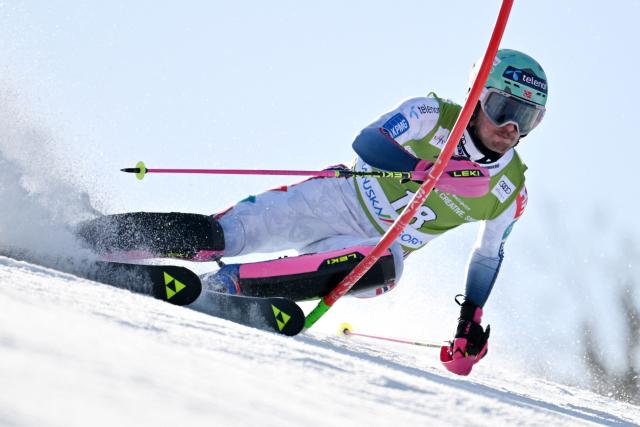 Norway's Eirik Hystad Solberg competes in the first run of the Men's Slalom event, part of FIS Alpine Ski World Cup 2025-2026 in Kranjska Gora, Slovenia on March 8, 2026. (Photo by JURE MAKOVEC / AFP)