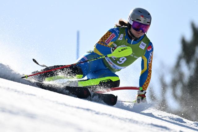 Sweden's Fabian Ax Swartz competes in the first run of the Men's Slalom event, part of FIS Alpine Ski World Cup 2025-2026 in Kranjska Gora, Slovenia on March 8, 2026. (Photo by JURE MAKOVEC / AFP)