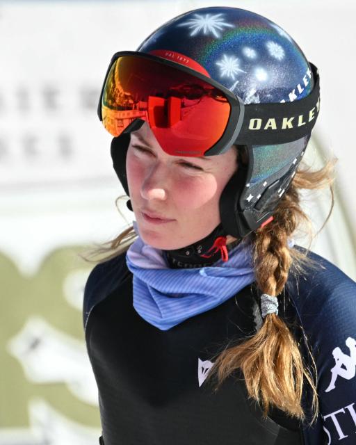 USA's Mikaela Shiffrin looks on prior to the Women's Super G race of the FIS Ski World Cup at the La Volata slope in the Passo San Pellegrino ski area, Val di Fassa, Italy on March 8, 2026. (Photo by Andreas SOLARO / AFP)