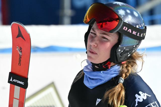 USA's Mikaela Shiffrin looks on prior to the Women's Super G race of the FIS Ski World Cup at the La Volata slope in the Passo San Pellegrino ski area, Val di Fassa, Italy on March 8, 2026. (Photo by Andreas SOLARO / AFP)