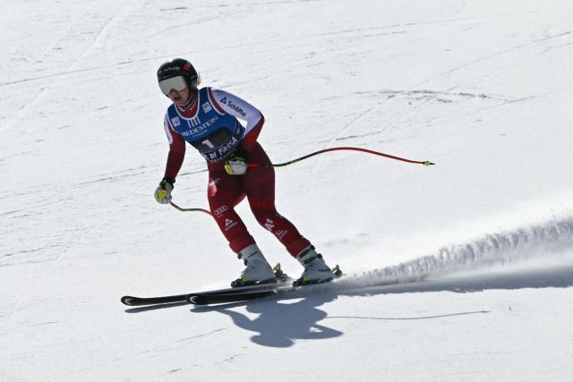 Austria's Nina Ortlieb competes in the Women's Super G race of the FIS Ski World Cup at the La Volata slope in the Passo San Pellegrino ski area, Val di Fassa, Italy on March 8, 2026. (Photo by Andreas SOLARO / AFP)