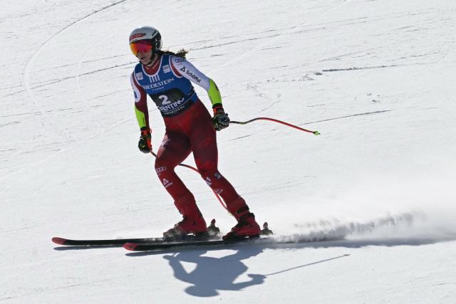 Austria's Mirjam Puchner competes in the Women's Super G race of the FIS Ski World Cup at the La Volata slope in the Passo San Pellegrino ski area, Val di Fassa, Italy on March 8, 2026. (Photo by Andreas SOLARO / AFP)