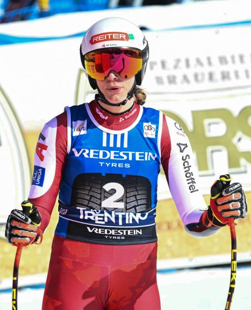 Austria's Mirjam Puchner reacts after her run in the Women's Super G race of the FIS Ski World Cup at the La Volata slope in the Passo San Pellegrino ski area, Val di Fassa, Italy on March 8, 2026. (Photo by Andreas SOLARO / AFP)