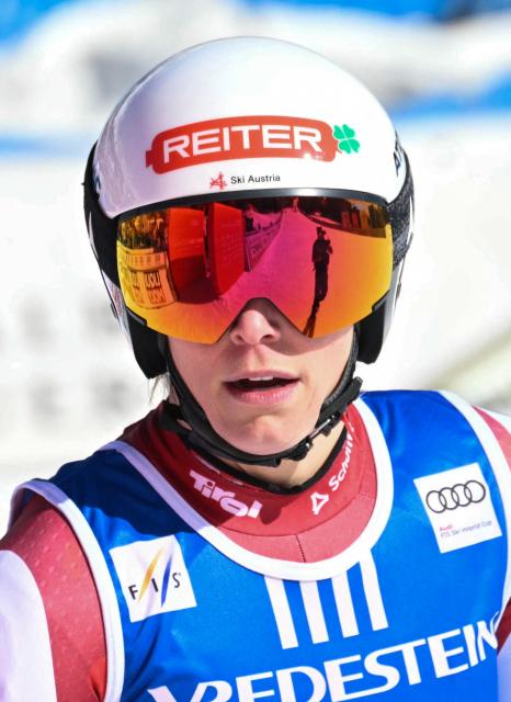 Austria's Mirjam Puchner reacts after her run in the Women's Super G race of the FIS Ski World Cup at the La Volata slope in the Passo San Pellegrino ski area, Val di Fassa, Italy on March 8, 2026. (Photo by Andreas SOLARO / AFP)