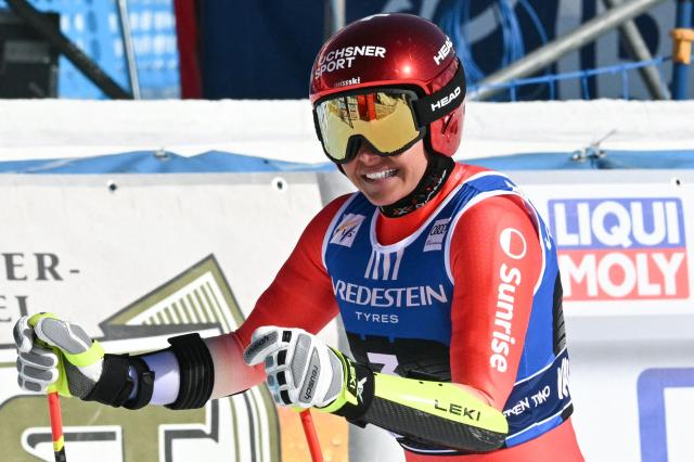 Switzerland's Corinne Suter reacts after her run in the Women's Super G race of the FIS Ski World Cup at the La Volata slope in the Passo San Pellegrino ski area, Val di Fassa, Italy on March 8, 2026. (Photo by Andreas SOLARO / AFP)