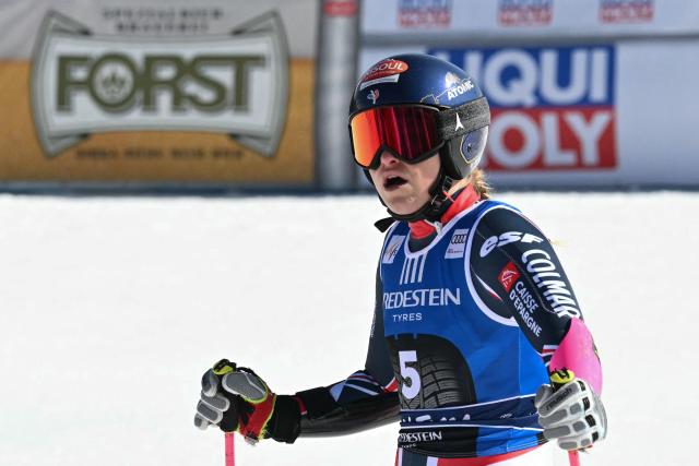 France's Camille Cerutti reacts after her run in the Women's Super G race of the FIS Ski World Cup at the La Volata slope in the Passo San Pellegrino ski area, Val di Fassa, Italy on March 8, 2026. (Photo by Andreas SOLARO / AFP)