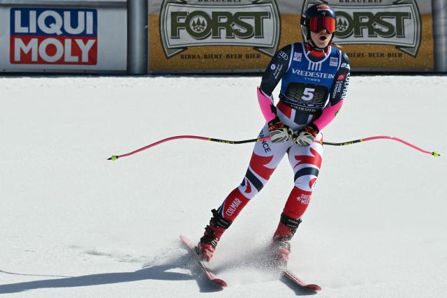 France's Camille Cerutti reacts after her run in the Women's Super G race of the FIS Ski World Cup at the La Volata slope in the Passo San Pellegrino ski area, Val di Fassa, Italy on March 8, 2026. (Photo by Andreas SOLARO / AFP)