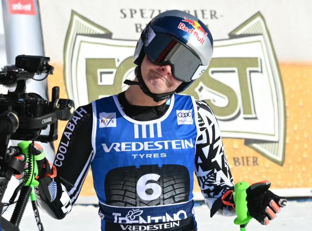 New Zealand's Alice Robinson reacts after her run in the Women's Super G race of the FIS Ski World Cup at the La Volata slope in the Passo San Pellegrino ski area, Val di Fassa, Italy on March 8, 2026. (Photo by Andreas SOLARO / AFP)