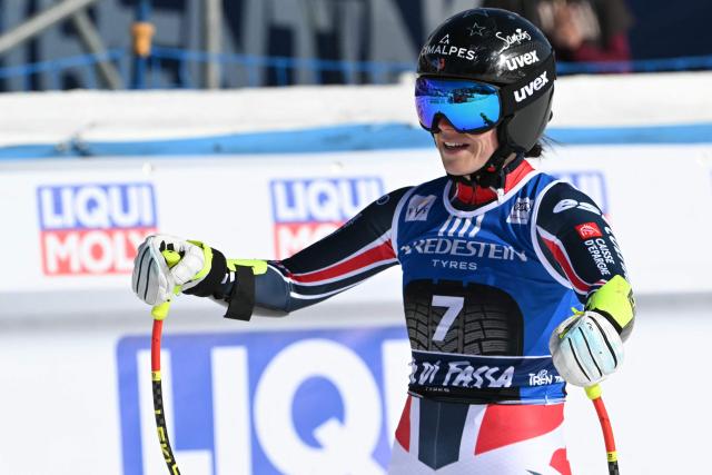 France's Romane Miradoli reacts after her run in the Women's Super G race of the FIS Ski World Cup at the La Volata slope in the Passo San Pellegrino ski area, Val di Fassa, Italy on March 8, 2026. (Photo by Andreas SOLARO / AFP)