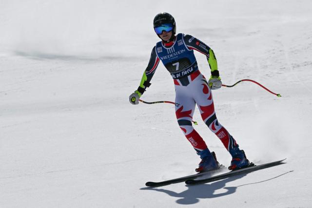 France's Romane Miradoli reacts after her run in the Women's Super G race of the FIS Ski World Cup at the La Volata slope in the Passo San Pellegrino ski area, Val di Fassa, Italy on March 8, 2026. (Photo by Andreas SOLARO / AFP)
