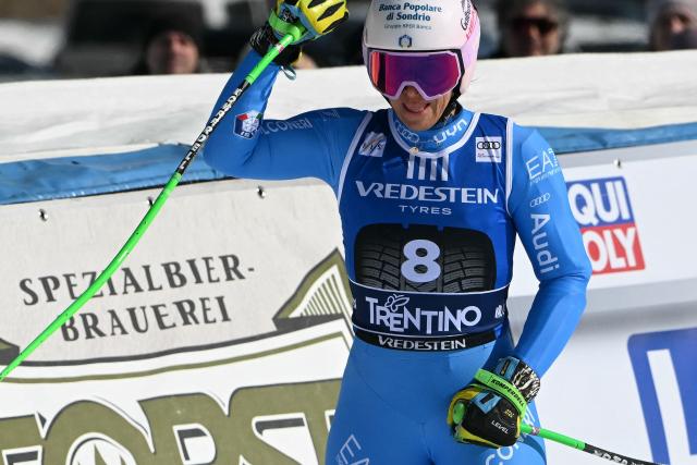 Italy's Elena Curtoni reacts after her run in the Women's Super G race of the FIS Ski World Cup at the La Volata slope in the Passo San Pellegrino ski area, Val di Fassa, Italy on March 8, 2026. (Photo by Andreas SOLARO / AFP)